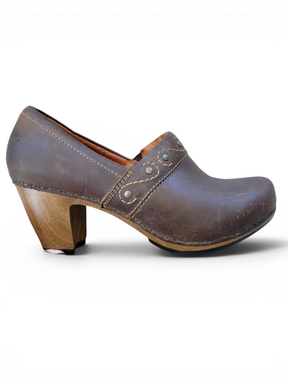 Dansko Riki Brown Leather Clog Mule Wood Block Heel w/Stitching and Rivet Detail